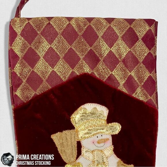 VINTAGE CHRISTMAS STOCKING SNOWMAN PARENT & CHILD IN RED VELVET & GOLD APPLIQUÉ - Picture 6 of 15
